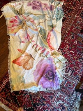 Floral Watercolor Throw Blanket in Cream with Pink & Purple Accents